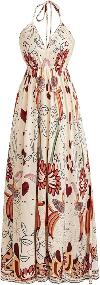 Floerns Women's Floral Halter Boho Maxi Dress Sleeveless Smocked Vintage Flowy Beach Dress | Amazon (US)