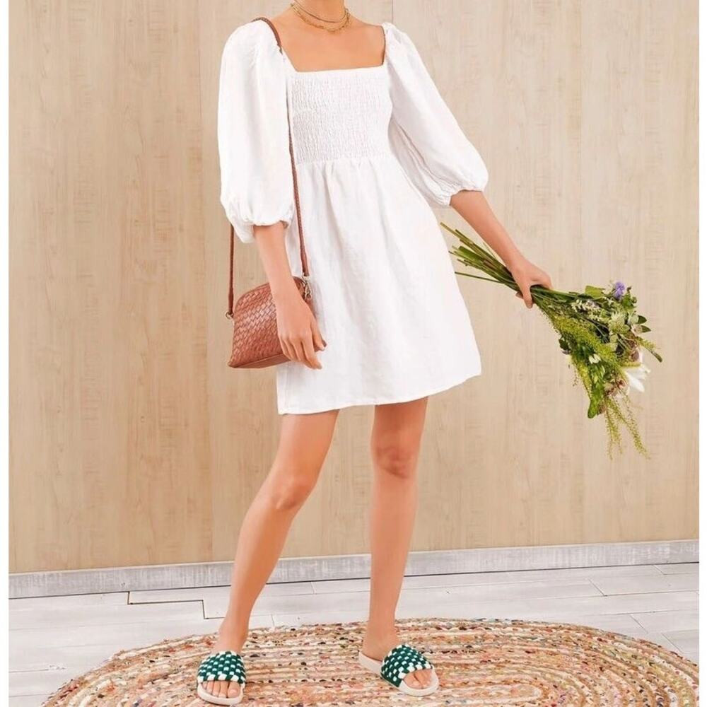 Tuckernuck Annie Smocked Linen Puff Sleeve Mini Dress White Coastal Angel Size M | Poshmark