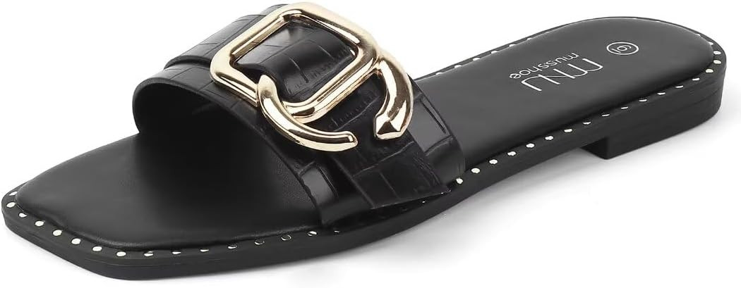 MUSSHOE Flat Sandals for Women Slip On Slides with Gold Buckle Sandals Square Open Toe Comfort | Amazon (US)