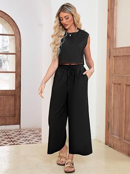 Glamaker Women's 2 Piece Outfits Linen Matching Sets Tracksuit Summer Sleeveless Tank Crop Top An... | Amazon (US)