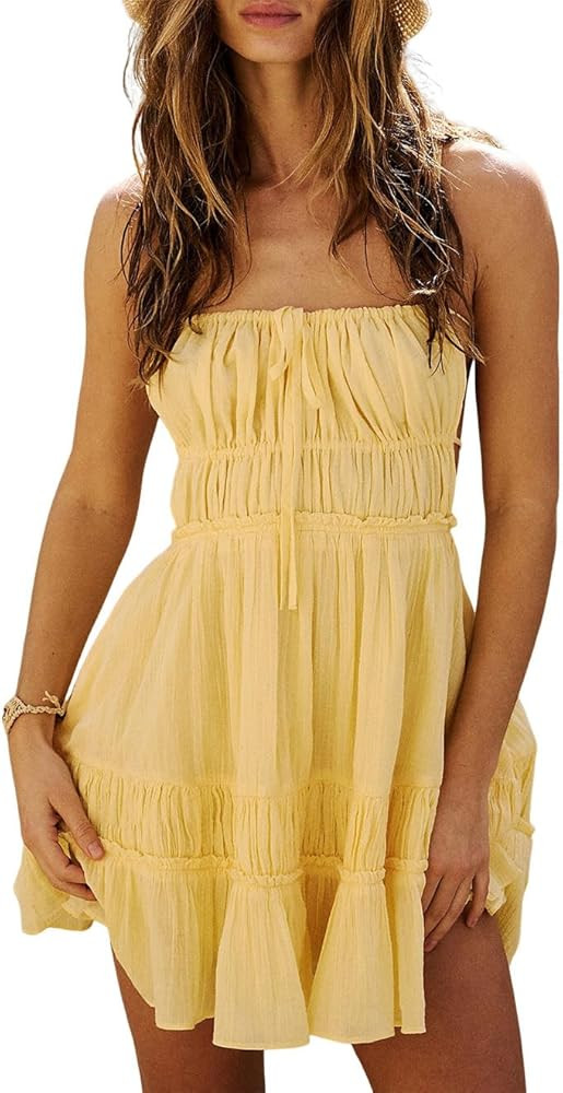 ForeMode Summer Deep V Neck Women Mini Dress Backless Beach Boho Dress | Amazon (US)