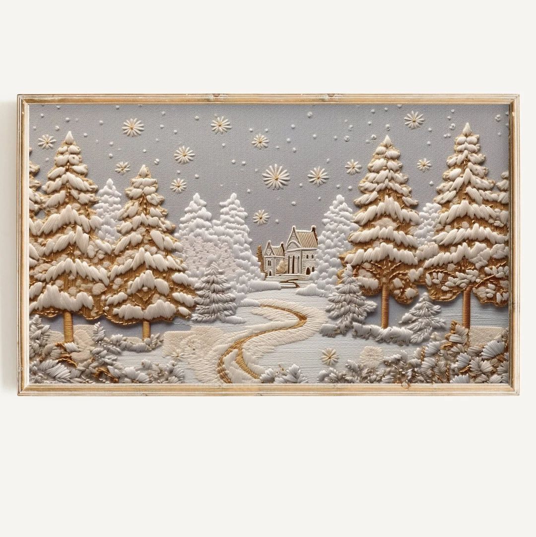 Christmas FRAME TV Art Digital Download Xmas Embroidery Art File Textured Embroidered White and G... | Etsy (US)