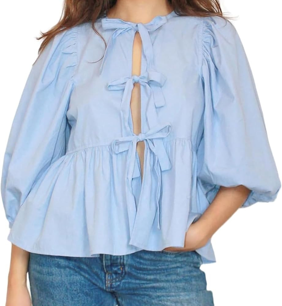 Tie Front Tops Womens Y2k Leopard Print Peplum Babydoll Top 3/4 Length Puff Sleeve Coquette Cute ... | Amazon (US)