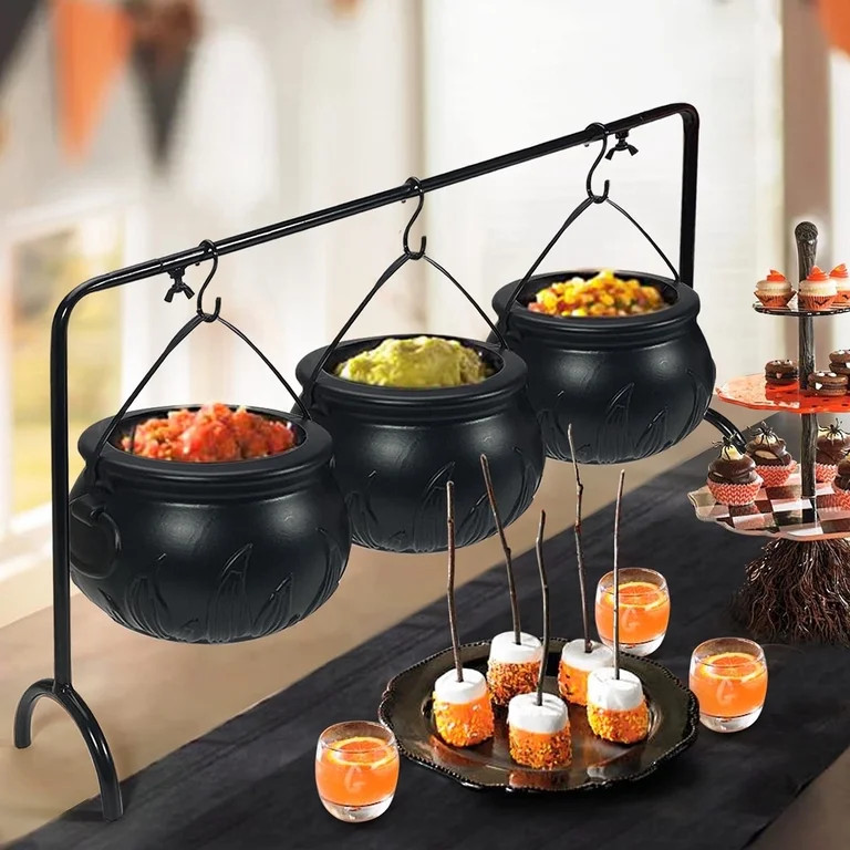 Halloween Decoration Witches Cauldron Serving Bowls on Rack Set of 3 Black Plastic Candy Bucket f... | Walmart (US)