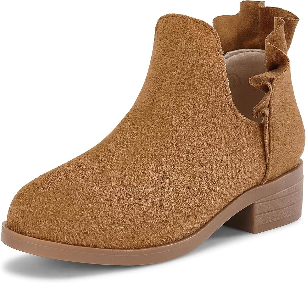 FISACE Girls Ruffled Ankle Boots V Cut Out Chunky Low Heel Dressy Western Booties | Amazon (US)