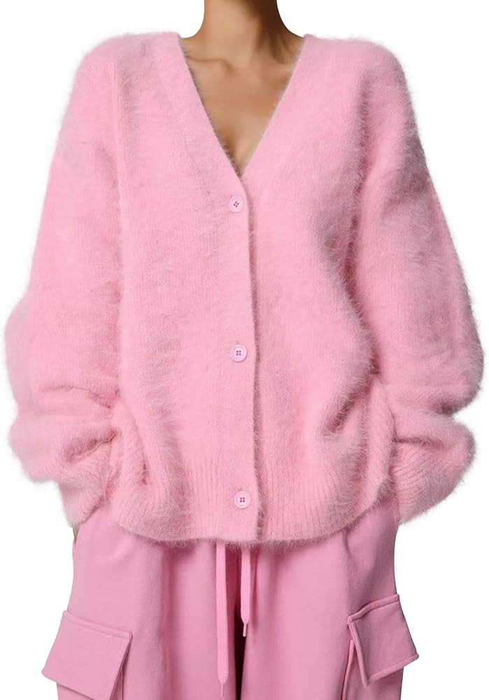 COZYPOIN Womens Fuzzy Cardigan Sweater V Neck Long Sleeve Button Down Soft Furry Top Slouchy Drop... | Amazon (US)
