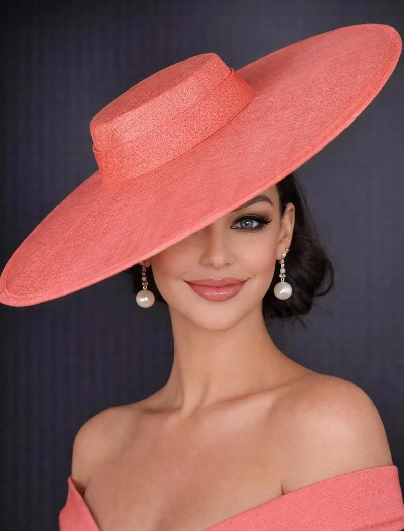 Coral Pink/Water Melon Color Wide Brim Sinamay Fascinator Hat  Ascot Royal Hat for Wedding Race D... | Etsy (US)