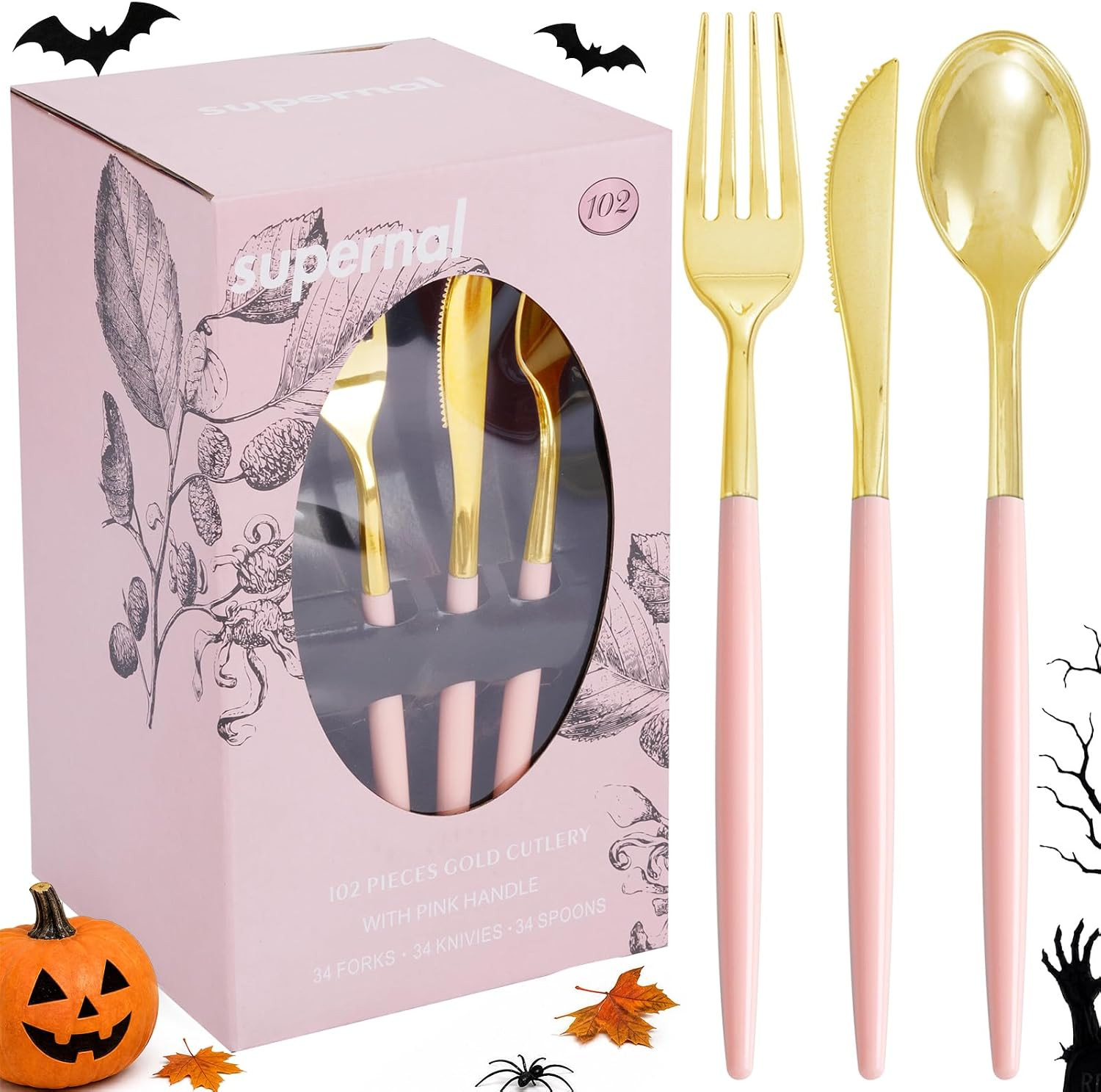 102 cubiertos de plástico rosa, utensilios desechables dorados con mango rosa, elegante juego de cubiertos de plástico dorado incluye 34 tenedores, 34 cucharas y 34 cuchillos para fiestas y | Amazon (US)