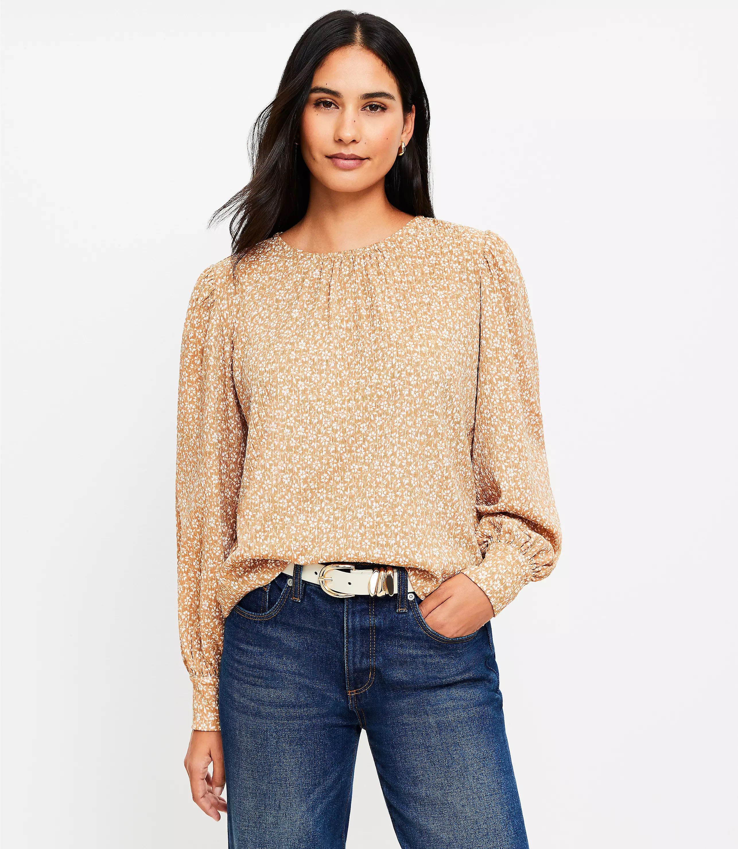 Floral Textured Balloon Sleeve Blouse | LOFT