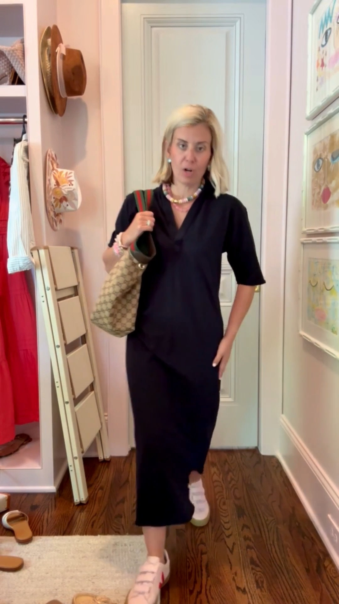 A must have dress if I say so myself! It’s a closet keeper that you will wear over & over. I’m wearing xs dress & 8 sneaker. 
*Use my code Catherine20 at Allie + Bess 
*Use my code MIXANDMATCH for 25% off at Erin McDermott 
