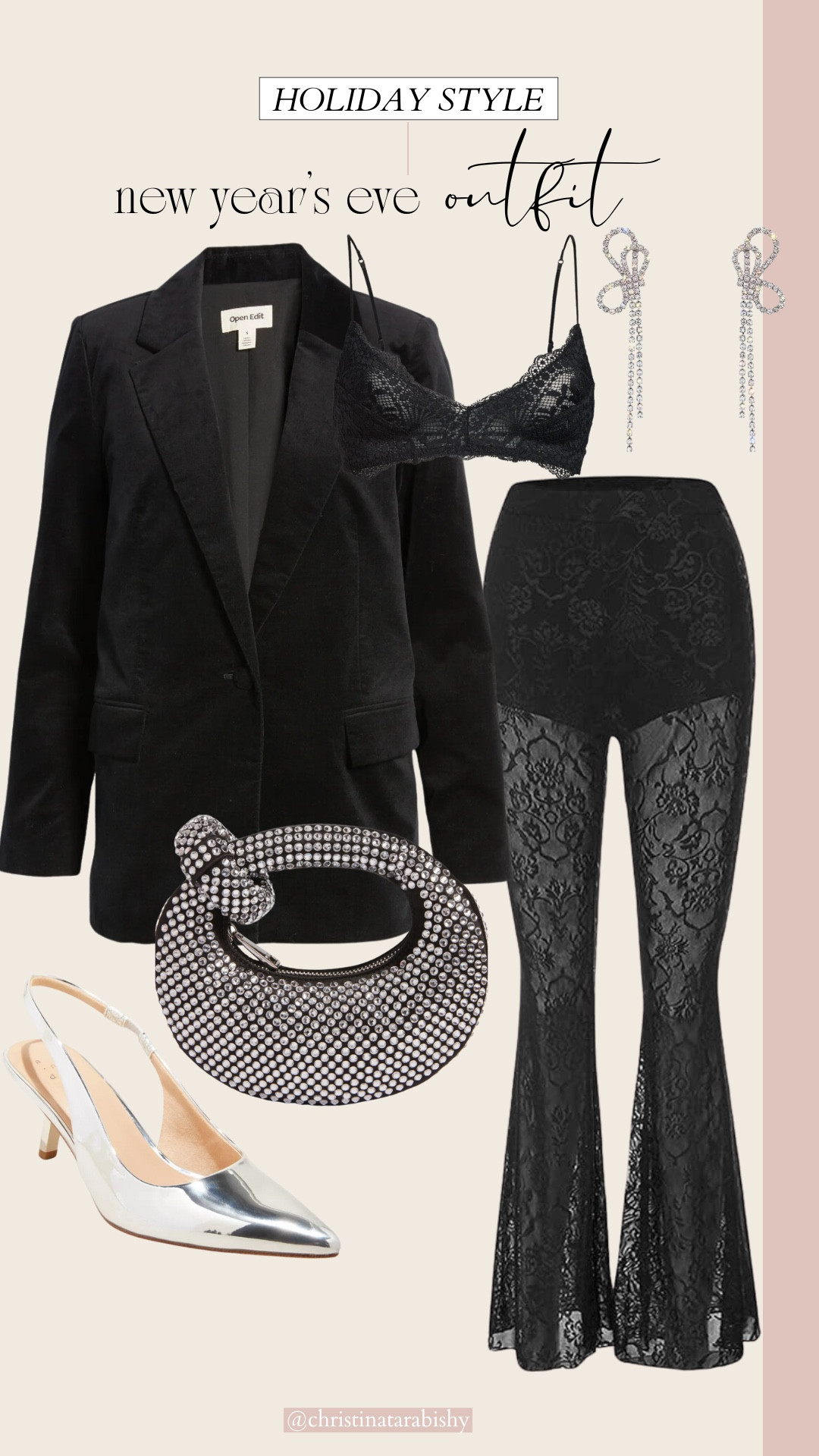New Year’s Eve outfit idea. Velvet blazer, lace pants and silver and rhinestone accessories! 

#LTKSeasonal #LTKParties #LTKHoliday