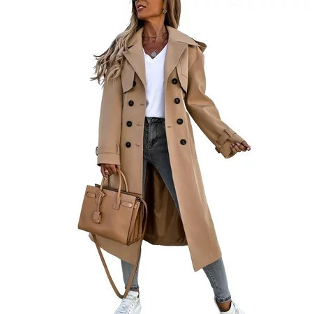 Fangetey Women s Long Ttrench Coat Long Coat Windproof Classic Lapel Belt Coat With Pocket | Walmart (US)