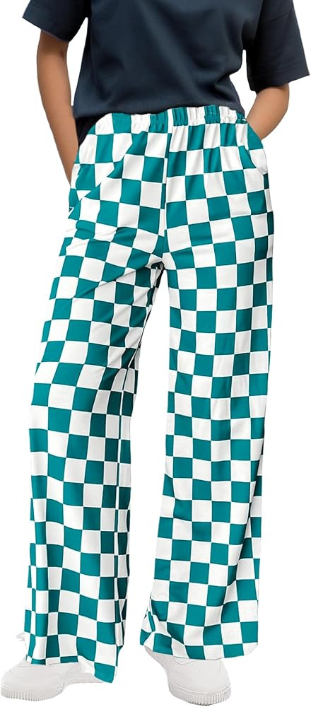 WSPLYSPJY Women's Casual Checkered Pants Elastic Waist Comfy Loose Wide Leg Pants with Pockets,XS... | Amazon (US)