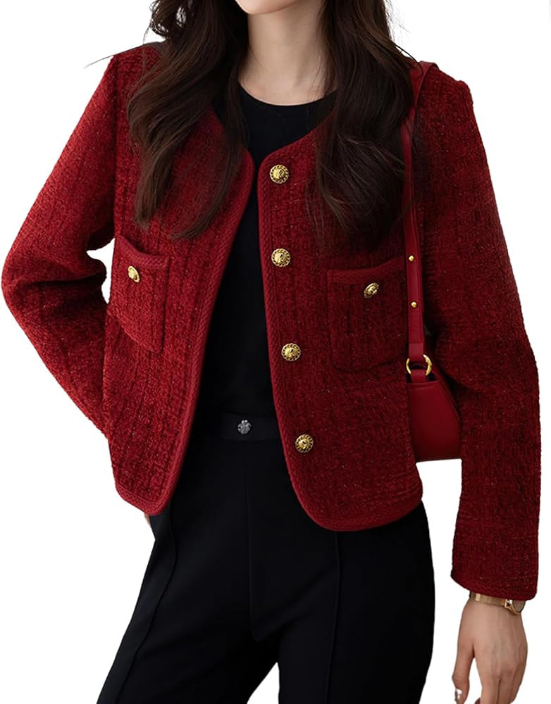 chouyatou Women's Fall Winter Elegant Tweed Blazer Jacket Collarless Button Down Coat Dressy Suit... | Amazon (US)