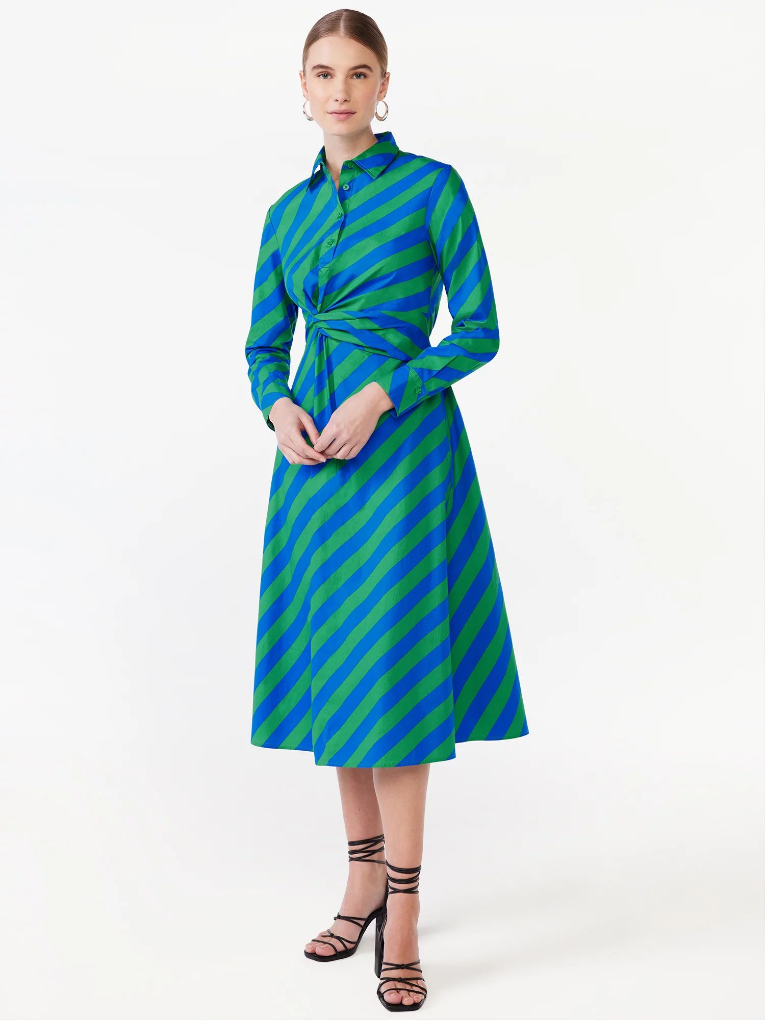 Scoop Women's Side Knot Poplin Midi Shirt Dress with Long Sleeves, Sizes XS-XXL | Walmart (US)