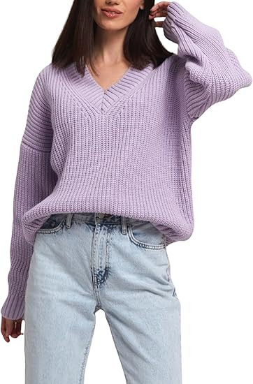 Women's V Neck Long Sleeve Pullover Sweater Solid Color Knit Sweaters Jumper Tops | Amazon (US)