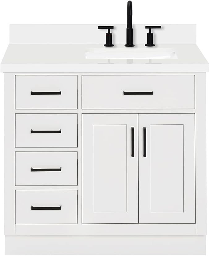 ARIEL Hepburn 37" White Bathroom Vanity with Sink, 1.5" Edge Quartz Countertop, Solid Wood, Right... | Amazon (US)