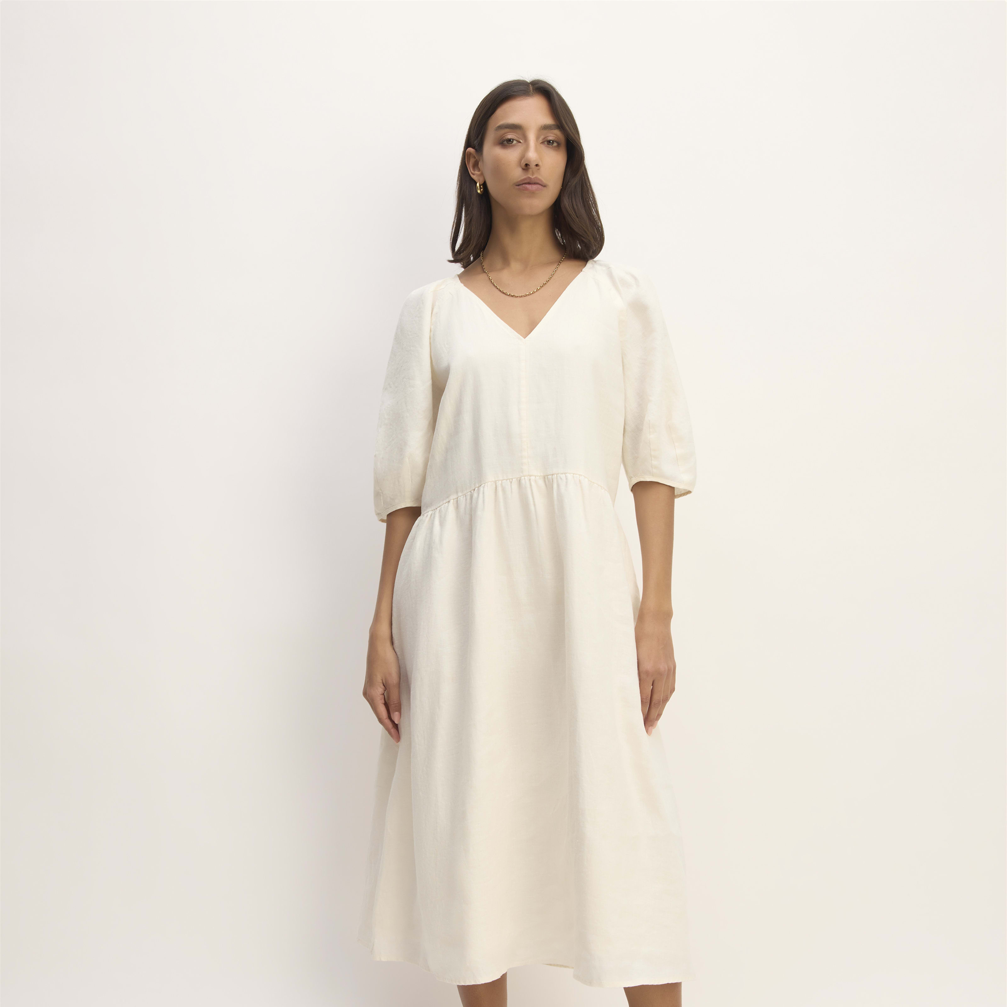 Women's Linen Oversized Puff-Sleeve Dress by Everlane in Bone White, Size L | Everlane