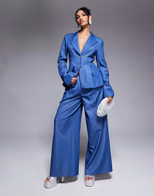 ASOS LUXE chambray wide leg tailored trouser and tailored blazer with embellished cuff co-ord in ... | ASOS (Global)
