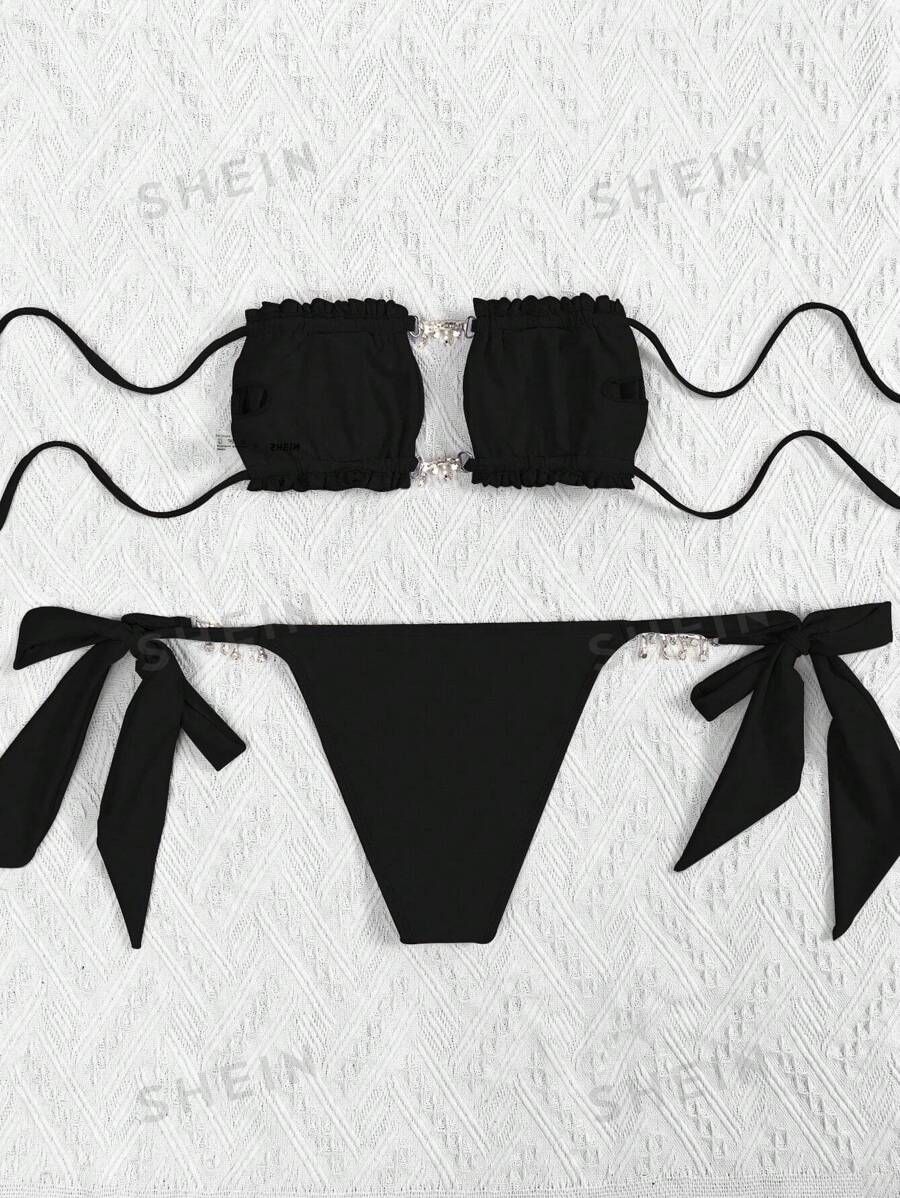 Bikini Swimsuit With Rhinestone Decoration, Strapless Top And Separate Bottom | SHEIN