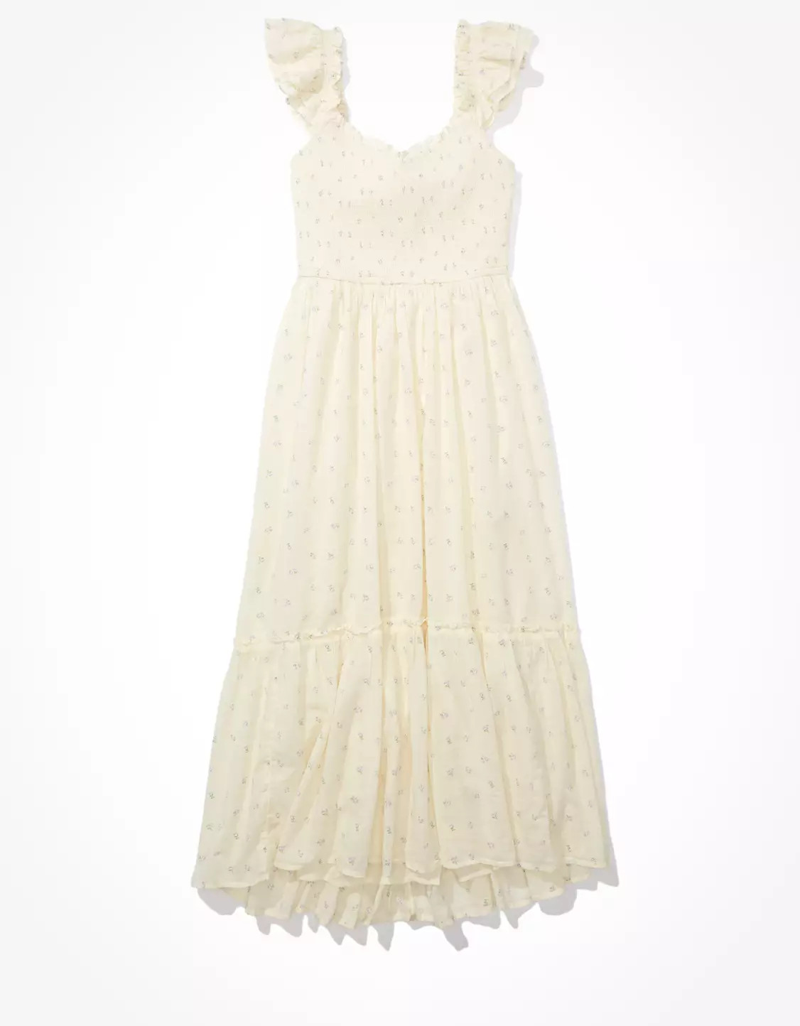 AE Printed Flutter Sleeve Smocked Midi Dress | American Eagle Outfitters (US & CA)