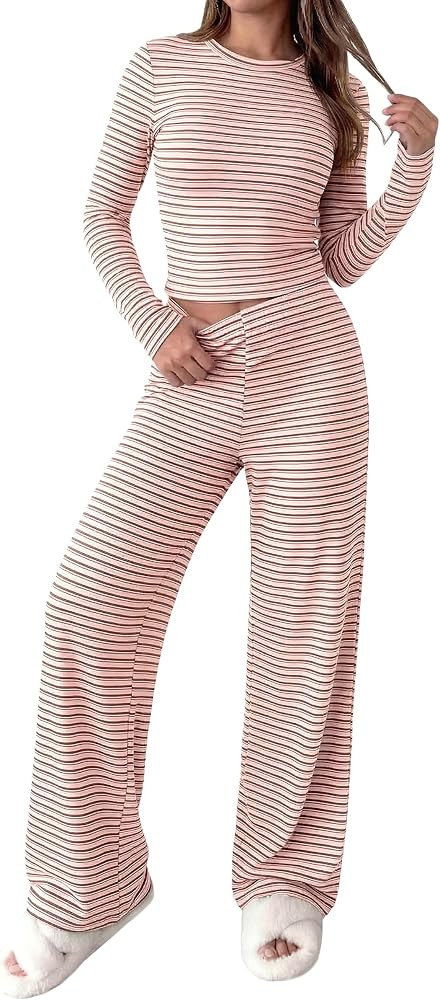 PRETTYGARDEN Women 2 Piece Striped Lounge Sets     Soft Cozy Knit, Matching Airport Travel Outfit... | Amazon (US)