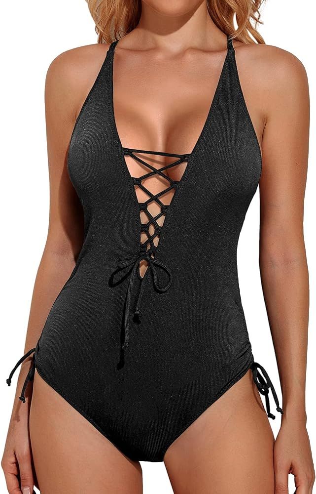 Holipick Women Sexy One Piece Swimsuit Tummy Control Bathing Suits Plunge V Neck Lace Up Swimwear fo | Amazon (US)