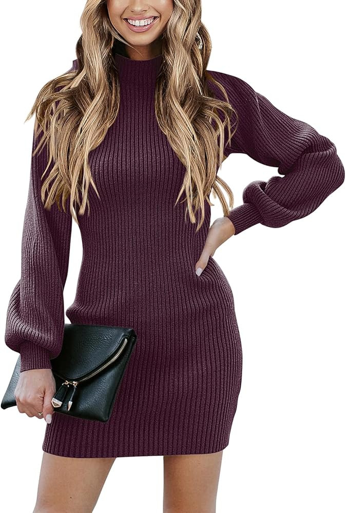 ANRABESS Women Long Sleeve Turtle Mock Neck Rib Knit Stretch Slim Fitted Bodycon Sweater Mini Sho... | Amazon (US)