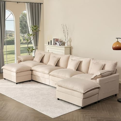 GOSUHI 142.5" U Shaped Couch, Modular Sectional Sofa, 3-Seater Comfy Cloud Couch with Movable Ottoman, Deep Seat Couches for Living Room, Linen, Beige | Amazon (US)