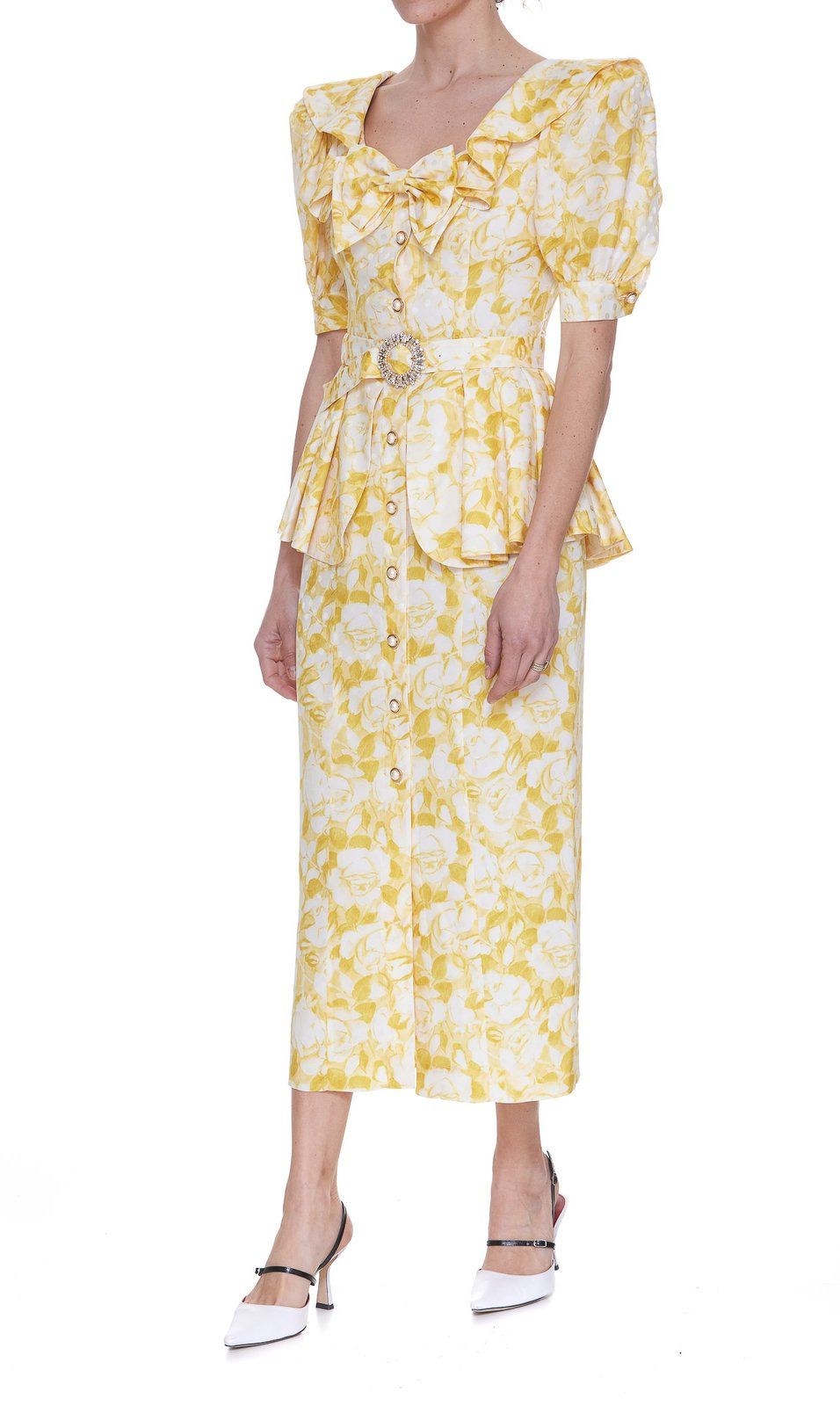 Alessandra Rich Jacquard Rose Print Peplum Midi Dress | Cettire Global