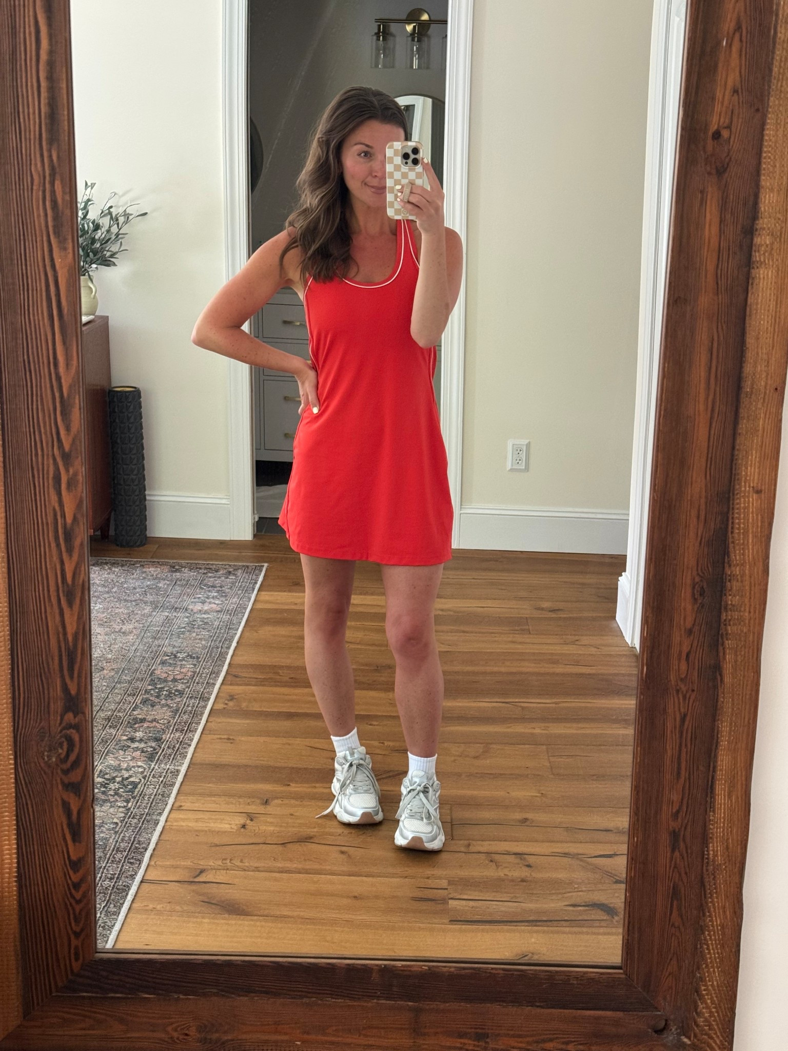 This active dress is Walmart and I would have never guessed! The quality is so nice and I love the white piping trim. Comes in 4 colors and true to size! I’m in a small. Has the attached biker shorts under but open in the back for easy bathroom access. 👌🏼 