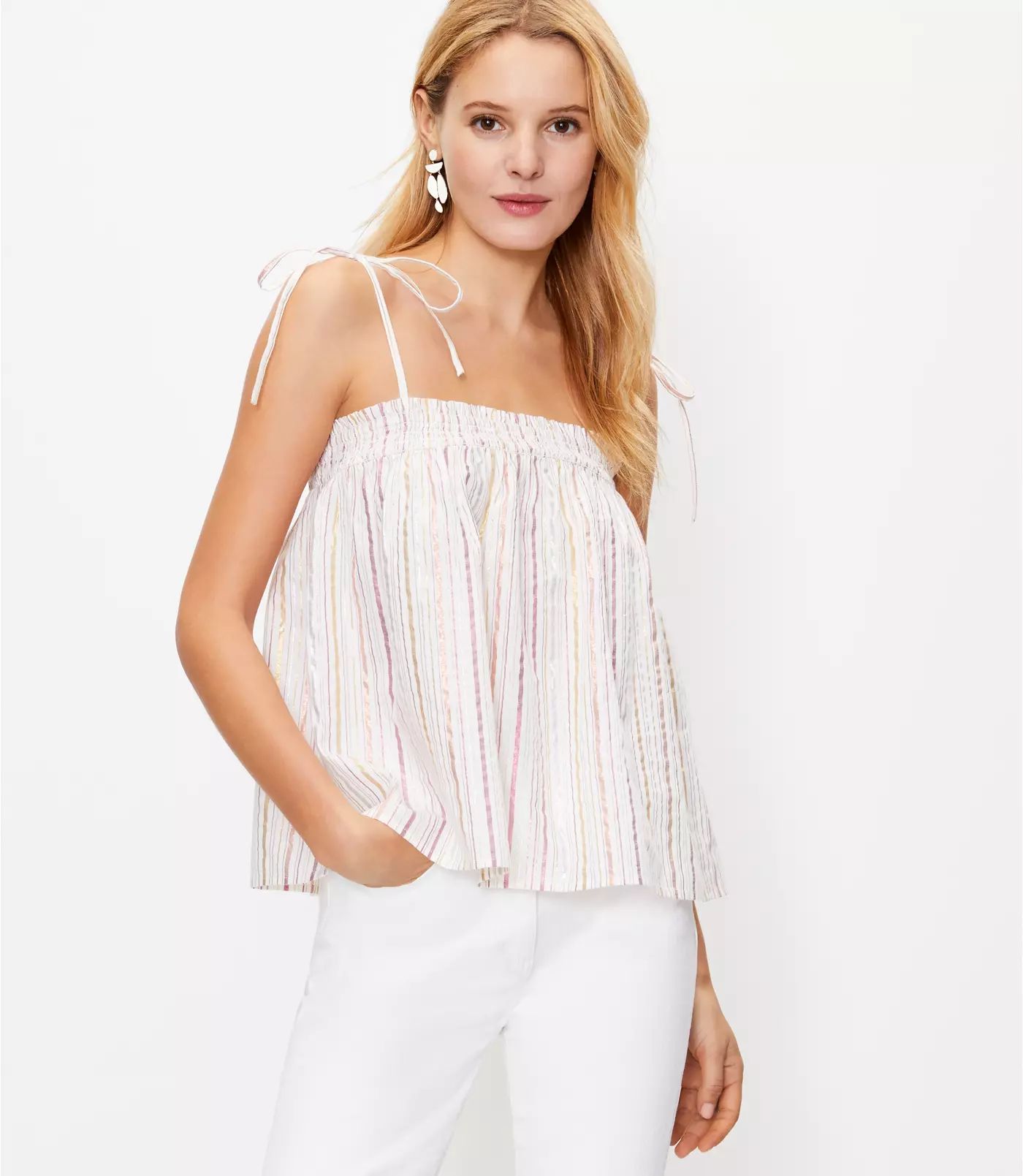 Shimmer Stripe Bow Strap Smocked Cami | LOFT | LOFT