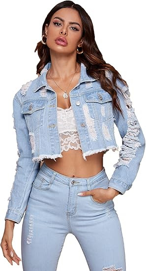 SheIn Women's Vintage Frayed Raw Hem Ripped Long Sleeve Crop Denim Jacket | Amazon (US)