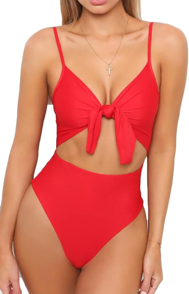 LEISUP Womens Spaghetti Strap Tie Knot Front Cutout High Cut One Piece Swimsuit | Amazon (US)