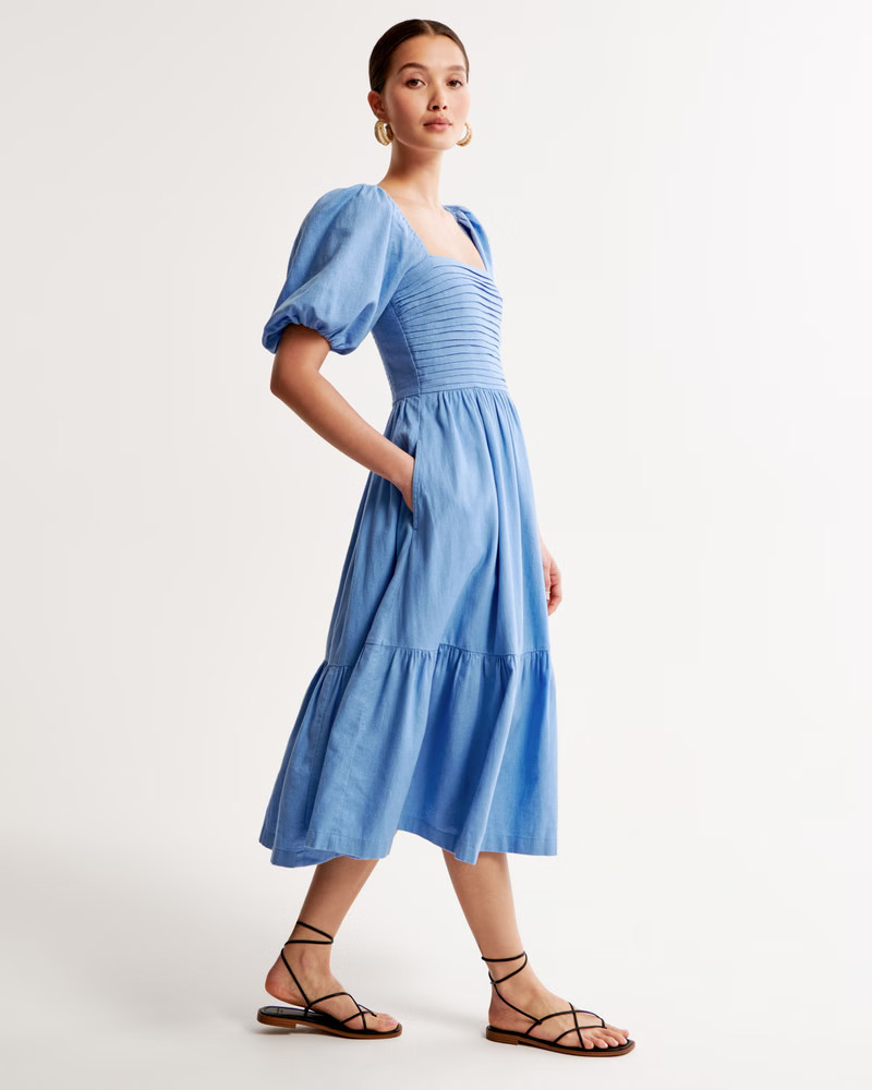 Emerson Linen-Blend Puff Sleeve Midi Dress | Abercrombie & Fitch (US)