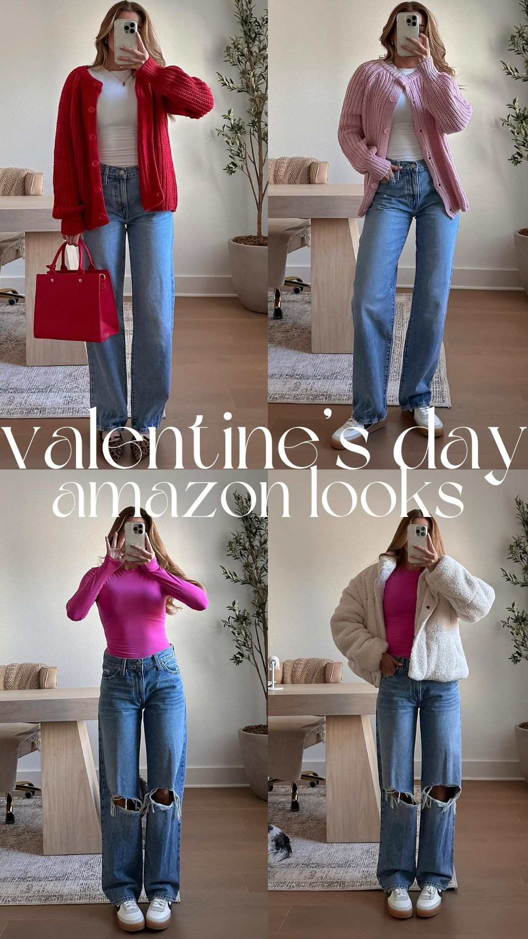 red cardigan outfit: top: xs // cardigan: xs // jeans: 25 (tts)

pink cardigan: sneakers tts // top: xs // cardigan: small // jeans: 25

fuchsia outfit: top: xs // jeans: 26

white jacket outfit: sneakers tts // jeans: 26 for a baggy fit // top: xs // jacket: small

valentine’s day, vday, casual style, amazon, amazon fashion, michele jaliene 

 #LTKootd #LTKFindsUnder50 #LTKFindsUnder100