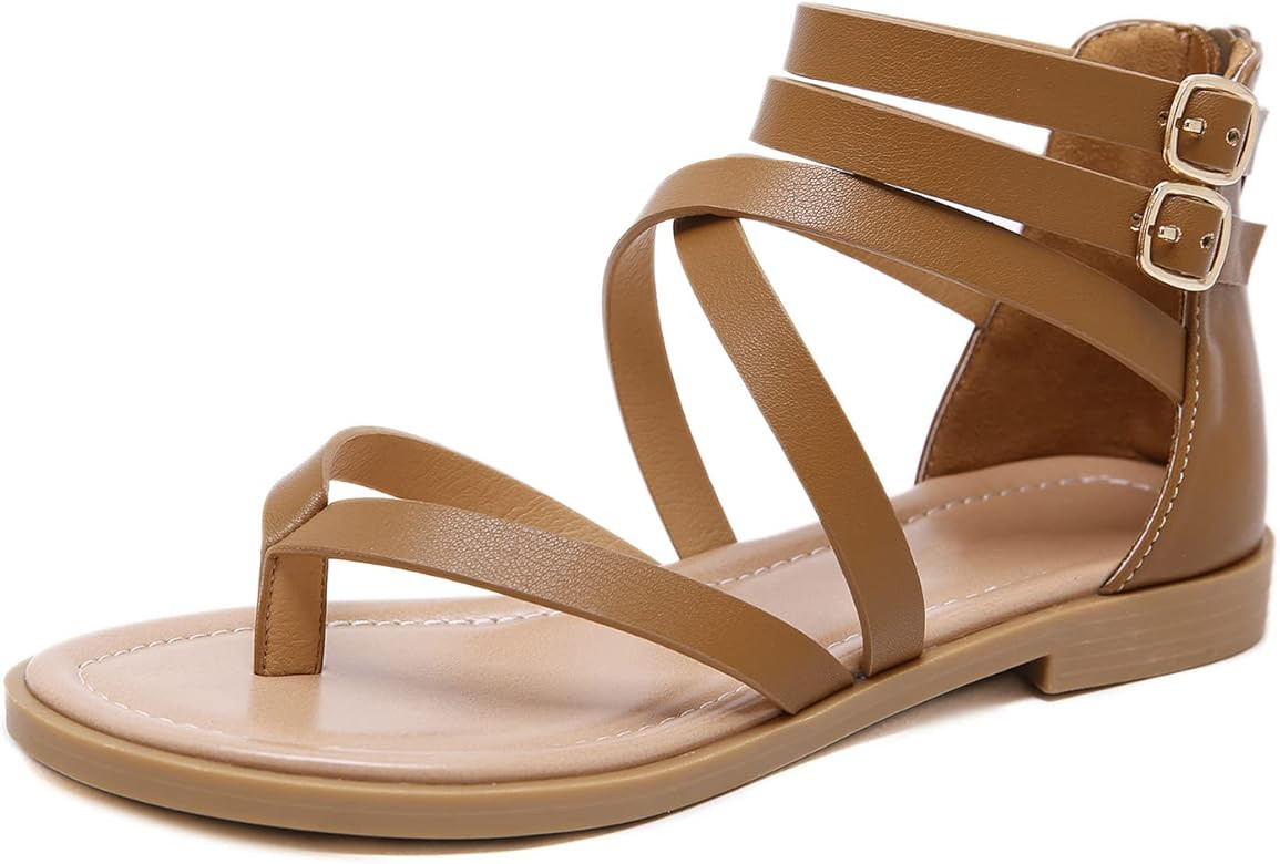 SHIBEVER Women's Gladiator Sandals Summer Flat Thong Cross Strappy Sandals Trendy Roman Shoes wit... | Amazon (US)
