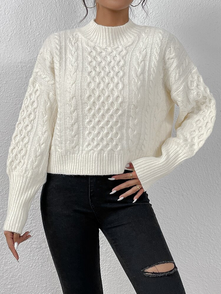 Cable Knit Mock Neck Drop Shoulder Sweater | SHEIN