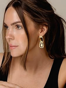 Double Drop Statement Earrings – Modern Gold-Tone Lightweight Earrings for Women | Amazon (US)