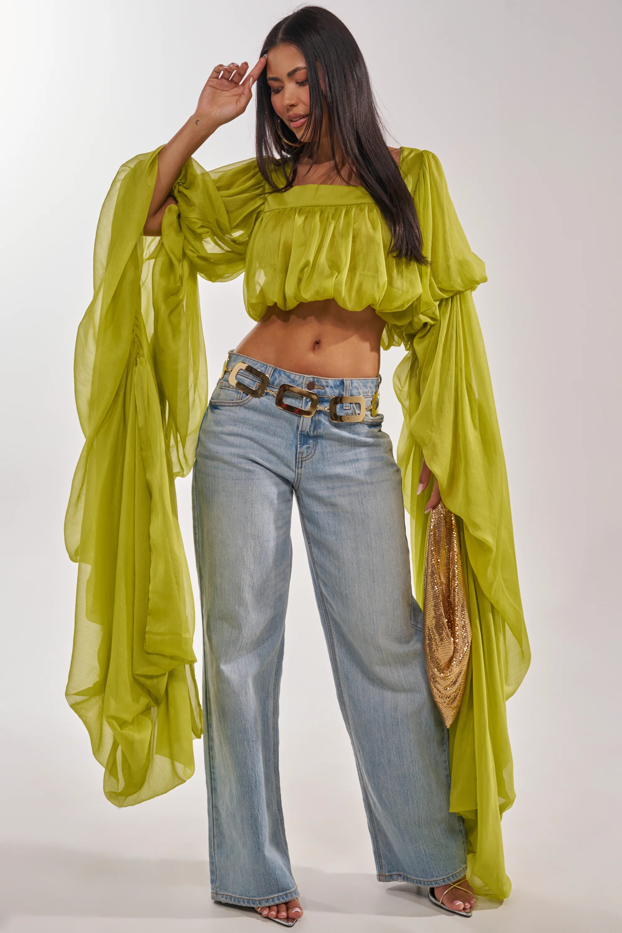 AKIRA Slouchy Square Neck Long Sleeve Blouse Top In Chartreuse | Size 1X | AKIRA