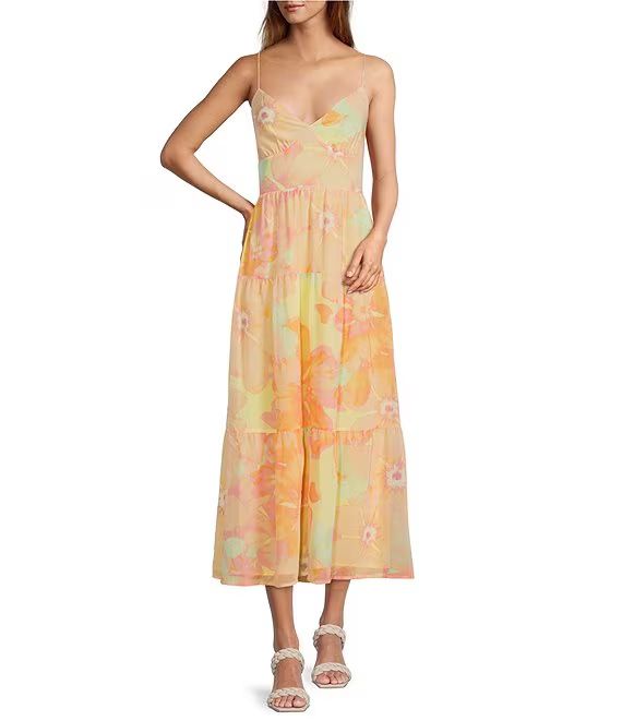 Orchid Floral Print Plunging V-Neck Sleeveless Tiered Back Detail Empire Midi Dress | Dillard's