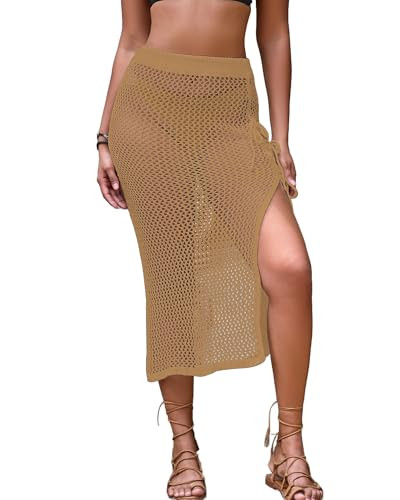 Bsubseach Women's Crochet Cover Up Skirt 2025 Knit Beach Skirts Coverups for Swimwear S-XL Khaki | Amazon (US)