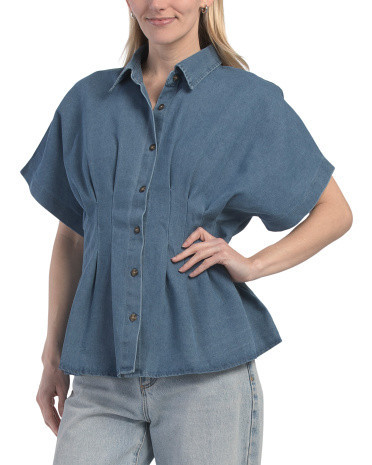 Denim Pleated Waist Blouse, Cotton/Polyester | TJ Maxx