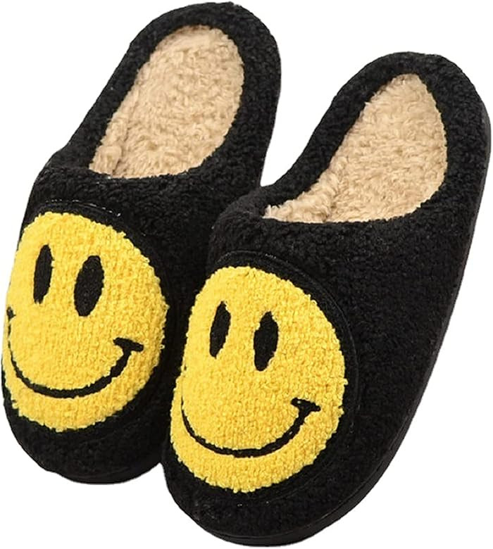 Smiley Face Slippers,Retro Soft Plush Lightweight House Slippers Slip-on Cozy Indoor Outdoor Slipper | Amazon (US)