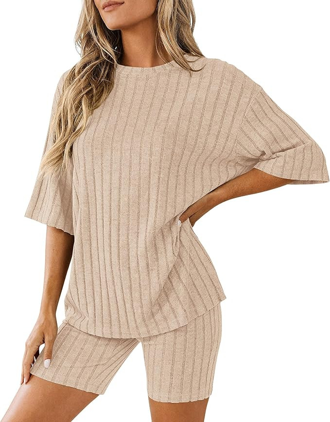 KIRUNDO Womens Pajama Sets Knit 2 Piece Lounge Set Casual Short Sleeve Tops Biker Shorts Pj Match... | Amazon (US)