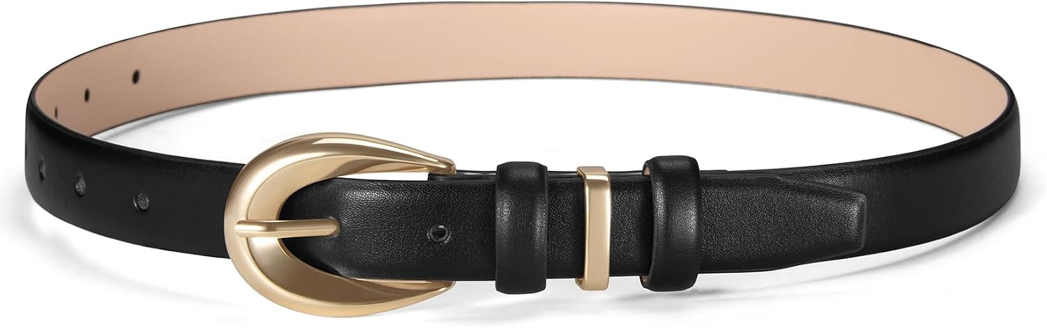 Women Belts for Jeans Dresses Pants Fashion Ladies Skinny Leather Waist Belt with Gold Buckle Gift Box | Amazon (US)