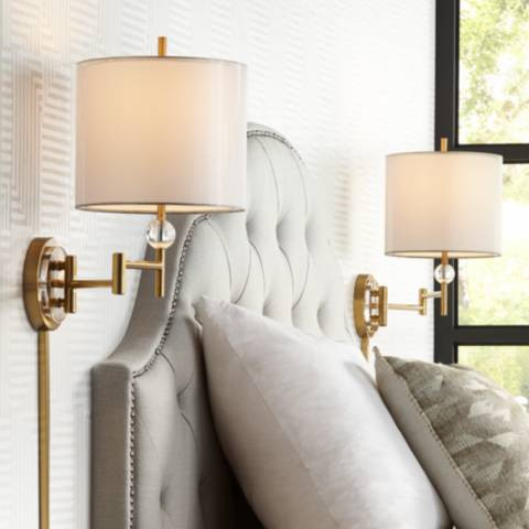 Possini Euro Kohle Brass Plug-In Wall Lamps with Cord Covers Set of 2 | Lamps Plus