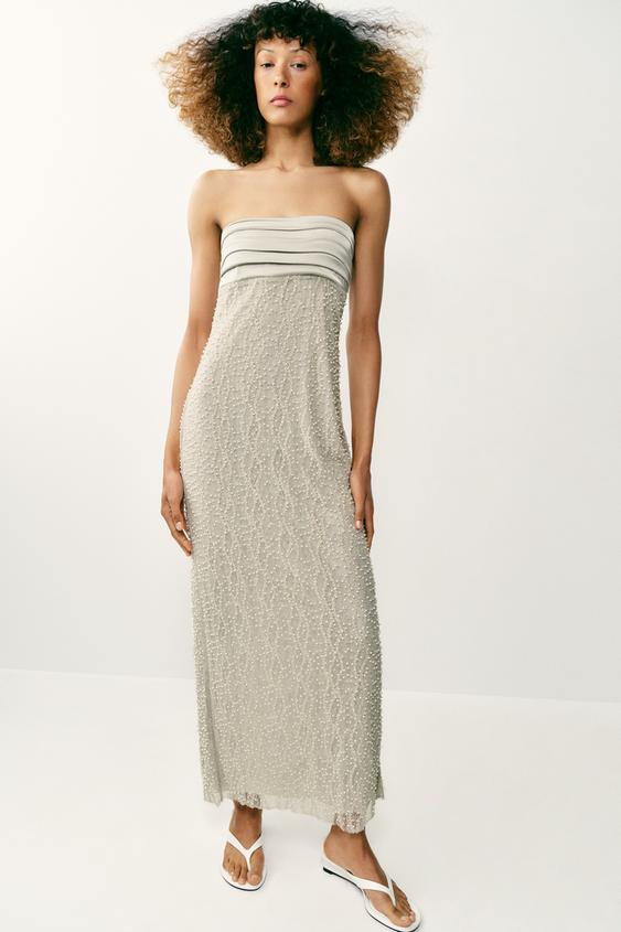 Zara - Beaded Bandeau Dress - Light Green - S - Woman | Zara UK