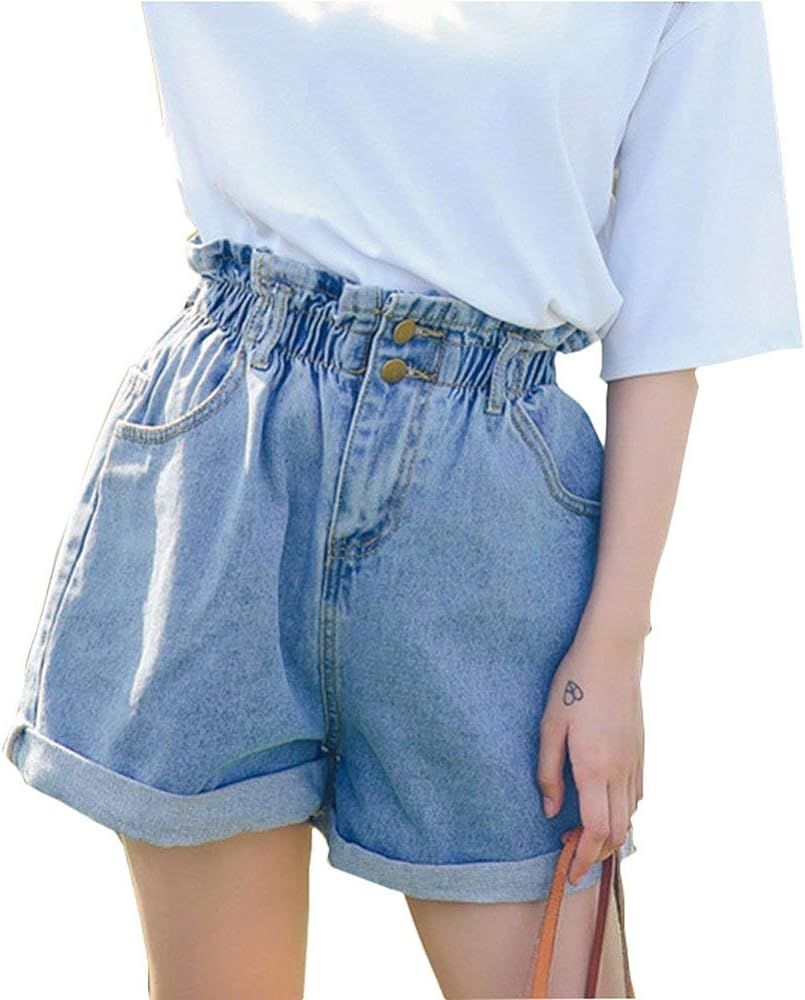 Plaid&Plain Women's High Waisted Denim Shorts Rolled Blue Jean Shorts | Amazon (US)