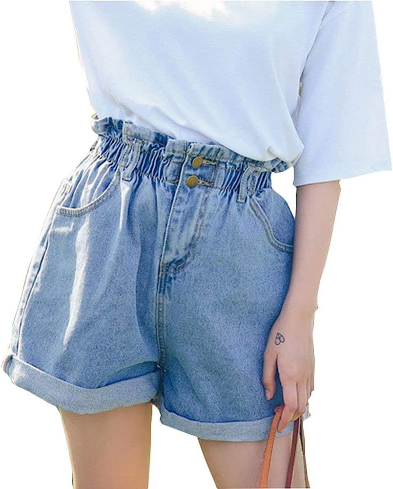 Plaid&Plain Women's High Waisted Denim Shorts Rolled Blue Jean Shorts | Amazon (US)